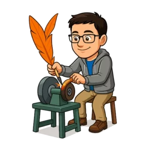 L'avatar du bêta-lecteur du Manuscrit Orphelin est en train d'affuter une plume pour symboliser le fait que la bêta-lecture aide les auteurs et autrices à progresser dans leur style.