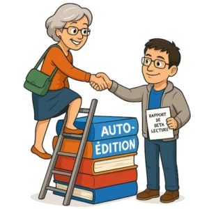 L'avatar du bêta-lecture du Manuscrit Orphelin aide une autrice à grimper sur une échelle posée sur un tas de romans dont les titres sont auto-édition. L'avatar tient entre les mains un le rapport de bêta-lecture qui a aidé l'autrice à auto-éditer son roman