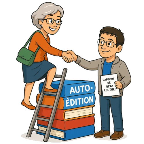 Avatar beta-lecteur auto-édition d'un roman L'avatar du bêta-lecture du Manuscrit Orphelin aide une autrice à grimper sur une échelle posée sur un tas de romans dont les titres sont auto-édition. L'avatar tient entre les mains un le rapport de bêta-lecture qui a aidé l'autrice à auto-éditer son roman