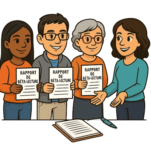 3 bêta-lecteurs, dont le bêta-lecteur professionnel du Manuscrit Orphelin remettent à une autrice leur rapport de bêta-lecture.