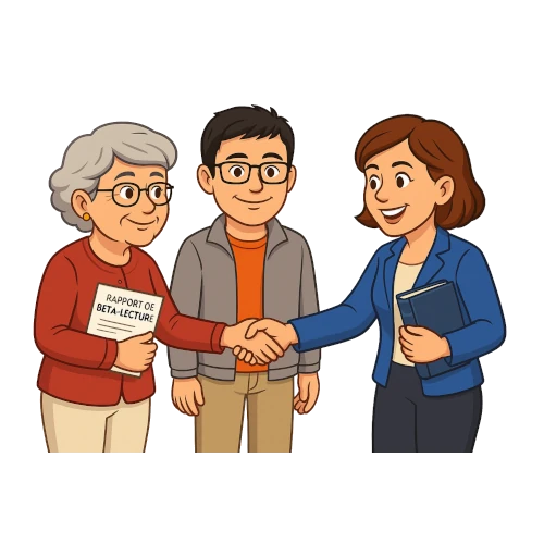 Avatar beta-lecteur édition d'un roman Le bêta-lecteur du Manuscrit Orphelin observe avec bienveillance une autrice qui sert la main d'une éditrice. L'autrice a entre les main le rapport de bêta-lecture qui l'a aidée à améliorer son manuscrit. De son côté, l'éditrice a entre les mains le roman de l'autrice.