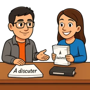 Le bêta-lecteur du Manuscrit Orphelin et une autrice sont en train de discuter à propos d'un rapport de bêta-lecture. L'autrice à entre les mains une pile de papier où est inscrit à suivre. Une autre pile est posée devant le bêta-lecteur avec une étiquette à discuter.