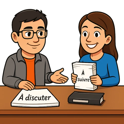 Avatar beta-lecteur évaluer la bêta-lecture de votre roman Le bêta-lecteur du Manuscrit Orphelin et une autrice sont en train de discuter à propos d'un rapport de bêta-lecture. L'autrice à entre les mains une pile de papier où est inscrit à suivre. Une autre pile est posée devant le bêta-lecteur avec une étiquette à discuter.