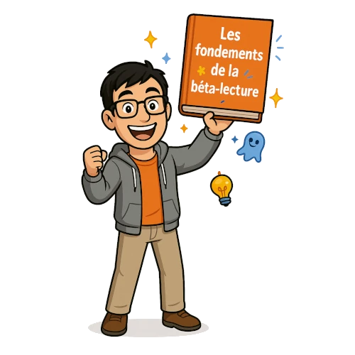 Avatar beta-lecteur fondements de la bêta-lecture L'avatar du bêta-lecteur du Manuscrit Orphelin tient entre les mains un livre intitulé les fondements de la bêta-lecture