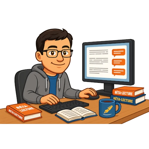 Avatar beta-lecteur professionnel annoter le texte d'un roman L'avatar du bêta-lecteur du Manuscrit Orphelin fait des commentaires sur un traitement de texte pour symboliser sa méthode pour annoter un texte en bêta-lecture