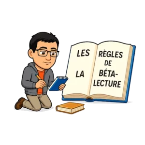 L'avatar du bêta-lecteur du Manuscrit Orphelin est agenouillé devant un livre géant intitulé les règles de la bêta-lecture. Il prend des notes sur un calepin.
