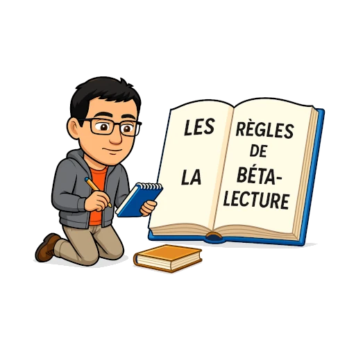 Avatar beta-lecteur règles de la bêta-lecture L'avatar du bêta-lecteur du Manuscrit Orphelin est agenouillé devant un livre géant intitulé les règles de la bêta-lecture. Il prend des notes sur un calepin.