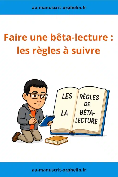 L'avatar du bêta-lecteur du Manuscrit Orphelin est à genou devant un livre géant intitulé les règles de la bêta-lecture. Le bêta-lecteur est en train de prendre des notes.