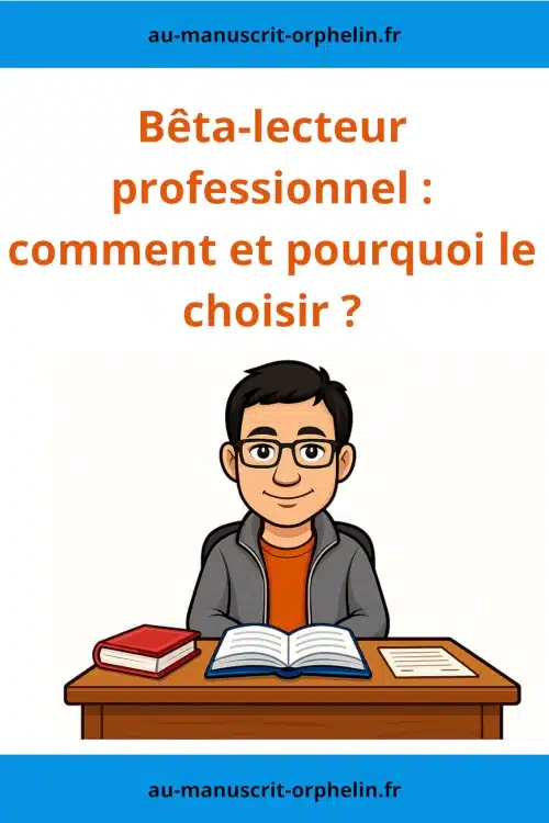 L'avatar du bêta-lecteur professionnel du Manuscrit Orphelin est assis à son bureau en train de lire un livre. Le titre de l'illustration est le suivant : bêta-lecture professionnelle : pourquoi et comment le choisir
