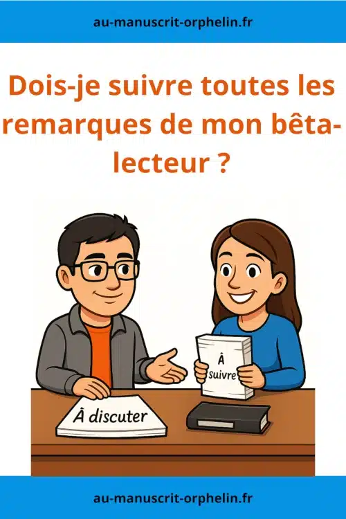 Une autrice tient entre ses mains une pile de recommandation à suivre pour son roman. Sur une table, entre l'autrice et l'avatar du bêta-lecteur du Manuscrit Orphelin, il y a une pile de remarques à discuter. Le titre de l'illustration est le suivant : Dois-je suivre toutes les remarques de mon bêta-lecteur ?