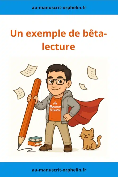 L'avatar du bêta-lecteur du Manuscrit Orphelin porte une cape de super héros. Il tient dans sa main un énorme crayon. Des feuilles écrites volent derrière lui pour symboliser les notes qu'il a prises durant l'exemple de bêta-lecture qu'il a réalisé.