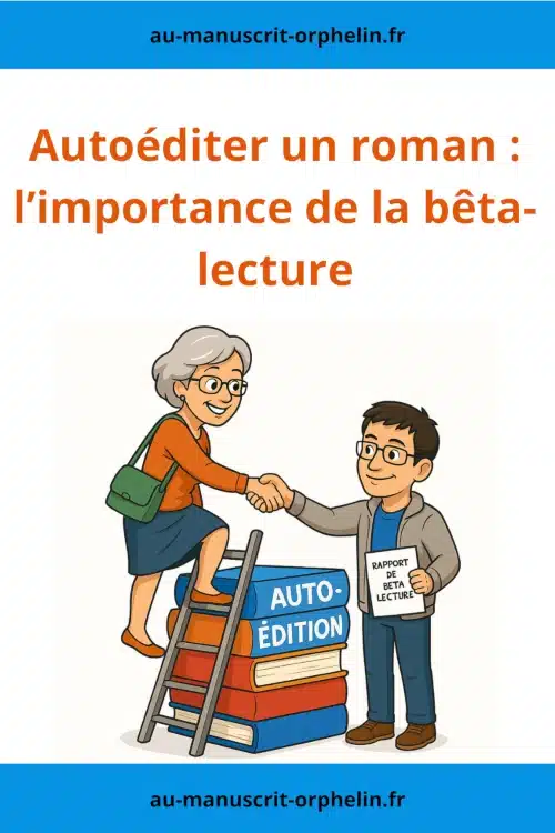 L'illustration s'intitule : Autoéditer un roman : l’importance de la bêta-lecture. Elle montre l'avatar du bêta-lecteur du Manuscrit Orphelin qui aide une autrice à grimper les marches de l'autoédition.