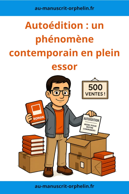 Le bêta-lecteur du Manuscrit Orphelin est dans son bureau où il prépare les expéditions de son livre auoédité. Il tient un exemplaire de son roman dans un main et une feuille où est écrit : "autoédition : merci pour votre commande" dans une autre. Un panneau accroché au mur indique 500 ventes.