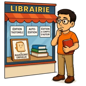Le bêta-lecteur du Manuscrit Orphelin se tient devant une vitrine où sont exposés plus choix pour éditer son livre : édition traditionnelle, auto-édition, édition à compte d'auteur.