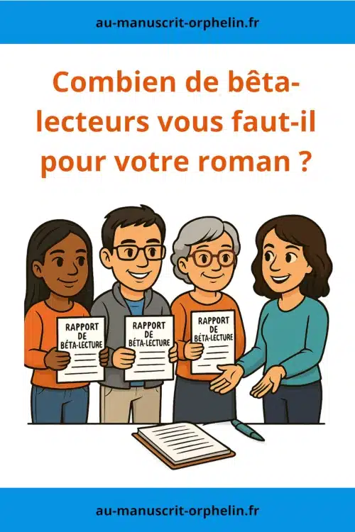 L'illustration montre 3 bêta-lecteurs rendre leur rapport de bêta-lecture à une autrice. Le titre de l'illustration est le suivant : Combien de bêta-lecteurs vous faut-il pour votre roman ?