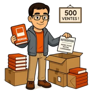 Le bêta-lecteur du Manuscrit Orphelin est dans son bureau où il prépare les expéditions de son livre auoédité. Il tient un exemplaire de son roman dans un main et une feuille où est écrit : "autoédition : merci pour votre commande" dans une autre. Un panneau accroché au mur indique 500 ventes.