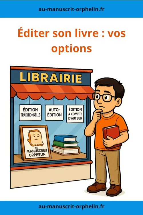 Le bêta-lecteur du Manuscrit Orphelin se tient devant une vitrine où sont exposés plus choix pour éditer son livre : édition traditionnelle, auto-édition, édition à compte d'auteur.