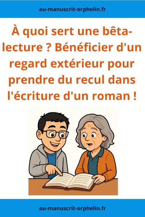 L'avatar du bêta-lecteur du Manuscrit Orphelin est assis à côté d'une autrice et lui fait des retours sur son manuscrit. L'autrice est surprise. L'illustration est intitulée : À quoi sert une bêta-lecture ? Bénéficier d'un regard extérieur pour prendre du recul dans l'écriture d'un roman.