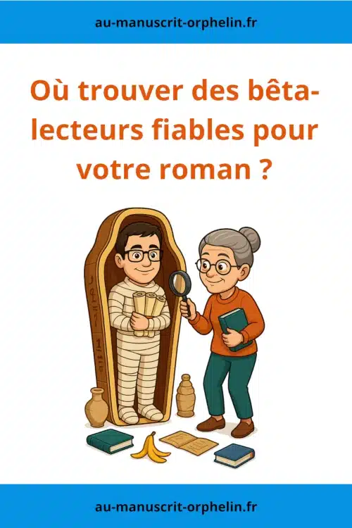 L'avatar de bêta-lecteur du Manuscrit Orphelin se trouve dans une pyramide, embaumé dans un sarcophage. Une autrice d'environ soixante ans viens le chercher avec son livre sous le bras et une loupe. Le titre de l'illustration est le suivant : où trouver des bêta-lecteurs fiables pour votre roman ?