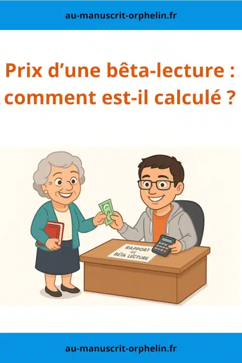 Une autrice d'environ 60 ans tend de l'argent à l'avatar de bêta-lecteur du Manuscrit Orphelin. Il a une calculatrice à la main. Sur son bureau est posé un rapport de bêta-lecture pour l'autrice. Le titre de l'illustration est le suivant : prix d'une bêta-lecture - comment est-il calculé ?