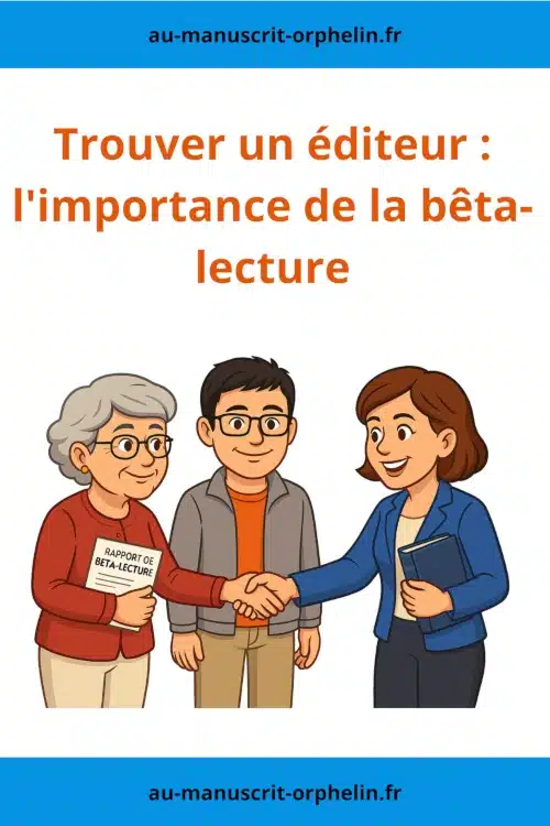 Une autrice d'environ soixante ans a un rapport de bêta-lecture sous le bras. Elle sert la main d'une éditrice qui a sélectionné son roman pour la publication. L'avatar du bêta-lecteur du Manuscrit Orphelin les regarde avec bienveillance. Le titre de cette illustration est le suivant : Trouver un éditeur : l'importance de la bêta-lecture.