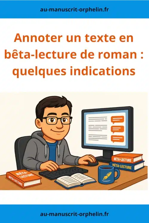 L'avatar de bêta-lecteur du Manuscrit Orphelin se trouve devant un ordinateur en train de réaliser des commentaires sur son traitement de texte. Le titre de l'illustration est le suivant : Annoter un texte en bêta-lecture de roman : quelques indications