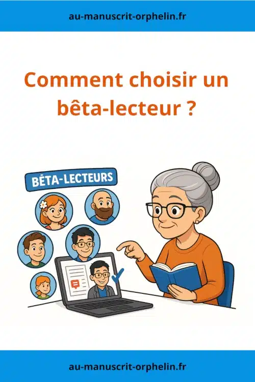 L'illustration montre une autrice d'environ 60 ans en train de chercher un bêta-lecteur. Elle finit par sélectionner l'avatar de bêta-lecteur du Manuscrit Orphelin. Le titre de l'illustration est le suivant : Comment choisir un bêta-lecteur ?