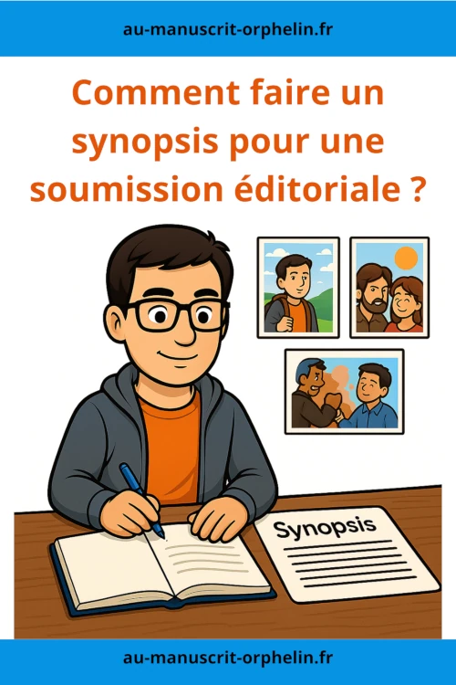 Intitulée "comment faire un synopsis pour une soumission éditoriale ?", cette illustration montre le bêta-lecteur du Manuscrit Orphelin en train de travailler à son bureau. À côté de lui, un document intitulé synopsis est posé sur sa table de travail. Derrière lui, les principales scènes du roman sont accrochées au mur pour lui permettre de résumer son intrigue.