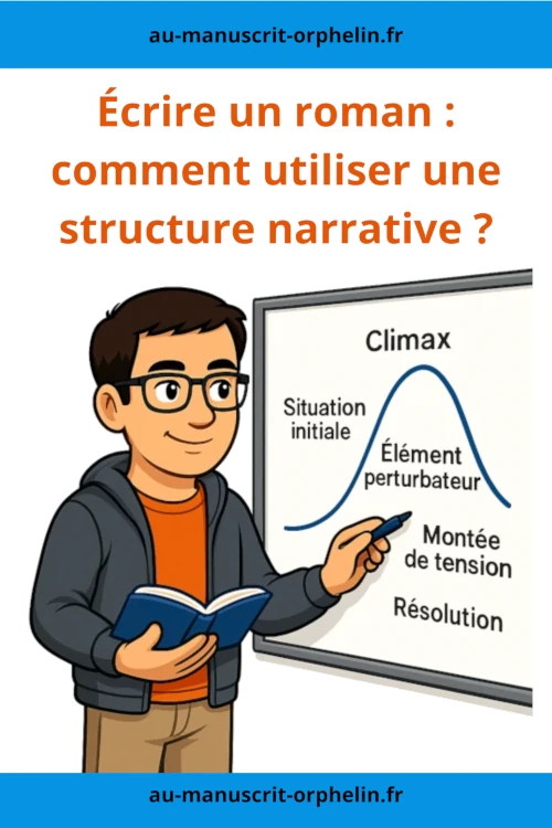 Pour illustrer comment utiliser une structure narrative, le bêta-lecteur du Manuscrit Orphelin trace au tableau une courbe d'intensité narrative avec les points pivaux suivant : situation initiale, élément perturbateur, résolution et climax.