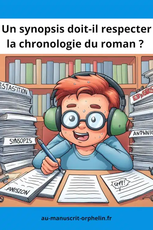 Cette illustration montre un jeune homme avec des lunettes et des écouteurs. Il transpire à grosses gouttes. Il se trouve dans une bibliothèque. Il est assis à une table avec différentes feuilles devant lui. Sur l'une d'elle est écrit synopsis. Le titre de l'illustration est "un synopsis doit-il respecter la chronologie du roman ?".