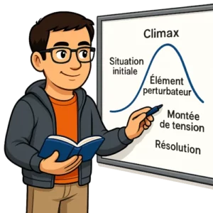 Pour illustrer comment utiliser une structure narrative, le bêta-lecteur du Manuscrit Orphelin trace au tableau une courbe d'intensité narrative avec les points pivaux suivant : situation initiale, élément perturbateur, résolution et climax.