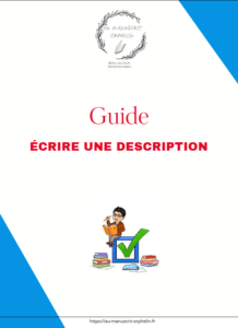 guide comment écrire une description Page de garde du guide écrire une description. Elle contient le logo du Manuscrit Orphelin ainsi qu'une illustration où on voit l'avatar du bêta-lecteur professionnel du Manuscrit Orphelin.