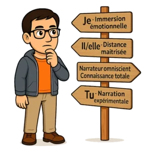 Pour choisir le point de vue narratif de son roman, le bêta-lecteur du Manuscrit Orphelin se tient devant un carrefour avec 4 directions :
- je : immersion émotionnelle
- il / elle : distance émotionnelle maîtrisée
- Narrateur omniscient : connaissance totale
- Tu : Narration expérimentale.