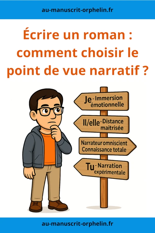 Pour choisir le point de vue narratif de son roman, le bêta-lecteur du Manuscrit Orphelin se tient devant un carrefour avec 4 directions : - je : immersion émotionnelle - il / elle : distance émotionnelle maîtrisée - Narrateur omniscient : connaissance totale - Tu : Narration expérimentale.