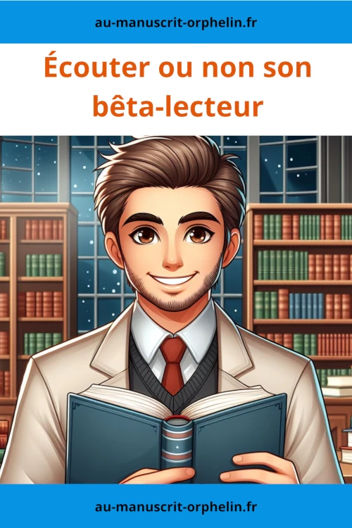 Écouter ou non son bêta-lecteur. L'illustration de type dessin animé montre un bêta-lecteur dans une bibliothèque avec un livre à la main.
