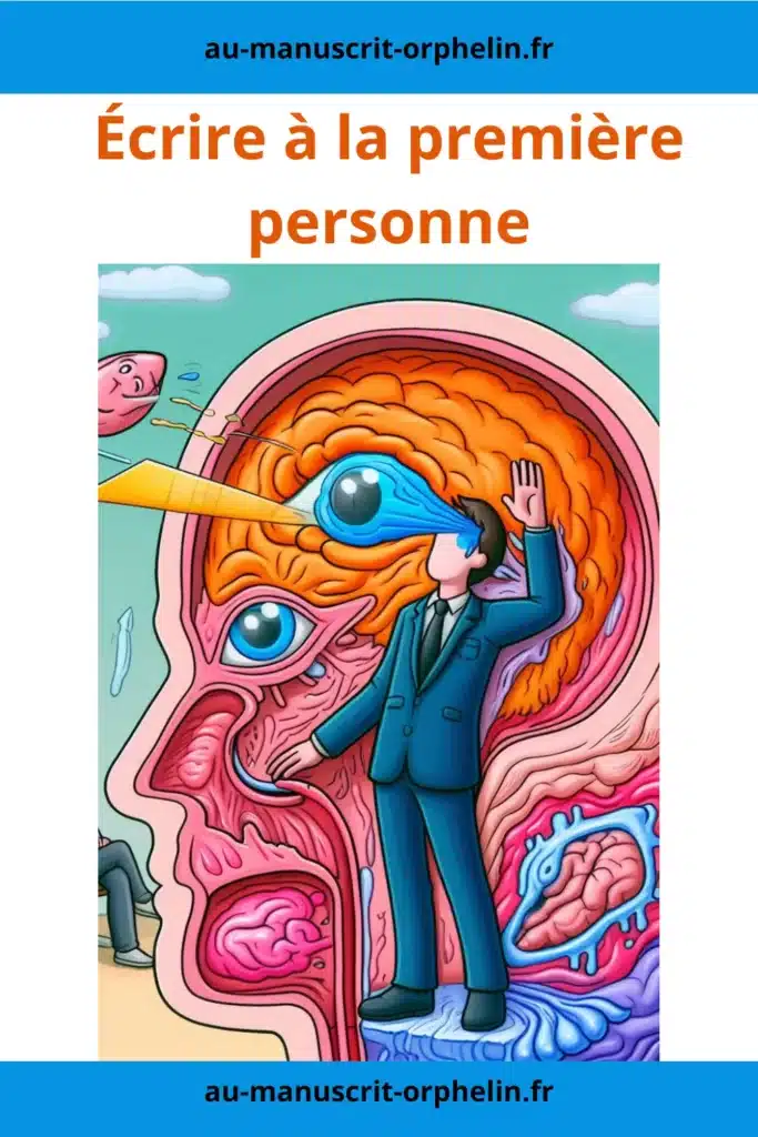 Le titre de cette illustration est écrire à la première personne. Elle représente un lecteur qui se trouve dans le cerveau d'un personnage et qui regarde le monde par ses yeux.