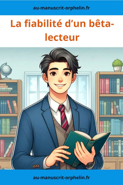 Cette illustration s'intitule : la fiabilité d'un bêta-lecteur. Elle montre un homme dans une bibliothèque. L'homme a un livre à la main.