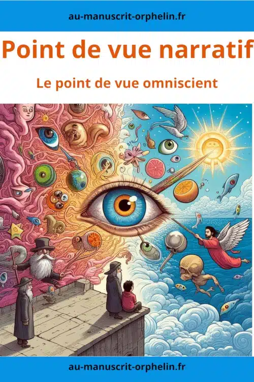 Cette image est intitulée : point de vue narratif : le point de vue omniscient. Elle représente un oeil capable de tout voir, que ce soit les dieux ou ce qu'il se passe à l'intérieur d'un corps humain ou un cerveau.