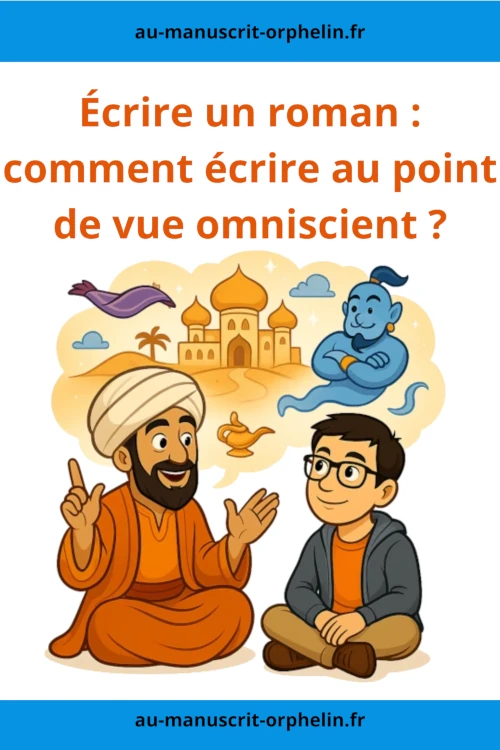 Intitulé "écrire un roman : comment écrire au point de vue omniscient ?", cette illustration montre le bêta-lecteur du Manuscrit Orphelin en train d'écouter un homme lui raconter les contes des 1001 nuits.