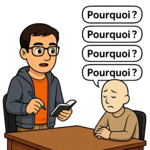 Pour créer un personnage de fiction, l'avatar du bêta-lecteur du Manuscrit Orphelin interroge le personnage dans un bureau en lui demandant de nombreuses fois " Pourquoi ?".