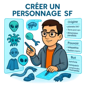 Intitulée "créer un personnage de science-fiction", cette image montre le bêta-lecteur du Manuscrit Orphelin en train de sélectionner différentes partie anatomique d'un alien dans son laboratoire d'écriture futuriste. Il sélectionne aussi des critères comme la planète, le pouvoir ou encore le but.