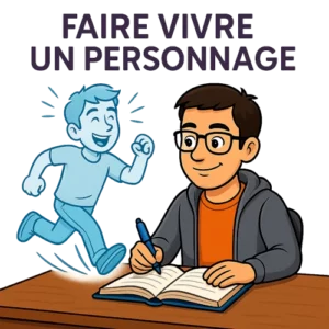 L'illustration montre le bêta-lecteur du Manuscrit Orphelin en train d'écrire un roman à son bureau. De ses pages jaillisse un homme heureux en train de courir. Le message suivant est inscrit au-dessus de l'illustration : Faire vivre un personnage.