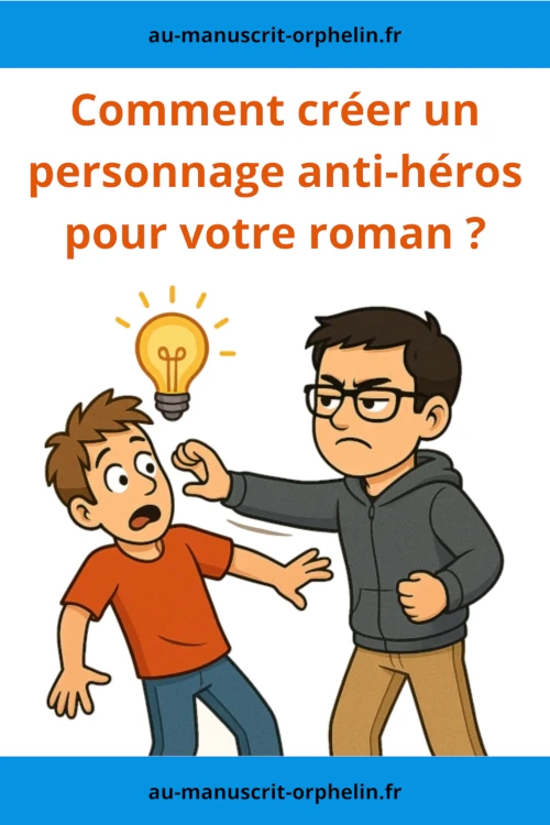 Intitule " Comment créer un personnage anti-héros pour votre roman ? ", cette illustration montre l'avatar du bêta-lecteur du Manuscrit Orphelin en train de pousser un autre personnage afin de lui voler une idée, symbolisée sur l'image par une ampoule allumée.