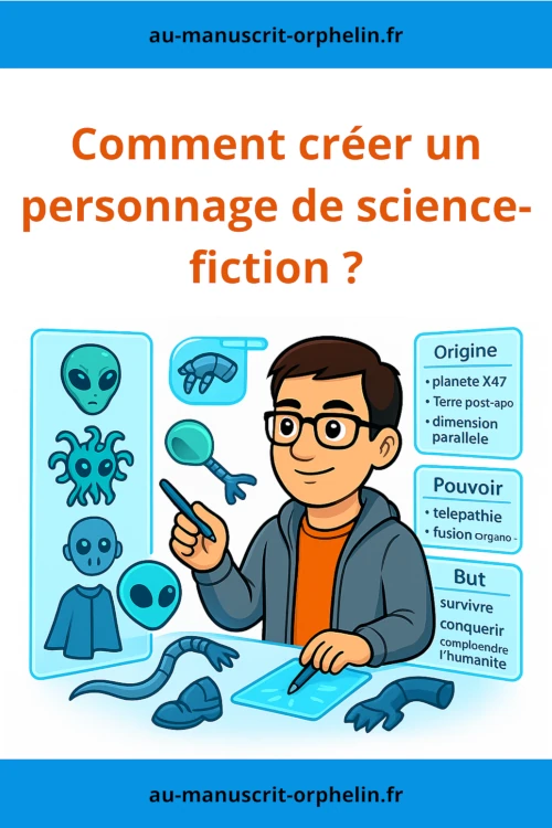 L'avatar du bêta-lecteur du Manuscrit Orphelin est en train de créer un personnage de science-fiction dans son laboratoire d'écriture. Il sélectionne la morphologie d'un extra-terrestre, sa planète d'origine, son but et son pouvoir.