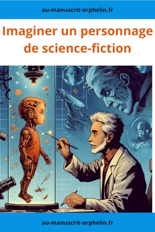 Intitulé imaginer un personnage de science-fiction, cette illustration représente un auteur avec un crayon à la main en train de créer un personnage. Celui-ci est un enfant androïde placé dans un incubateur.