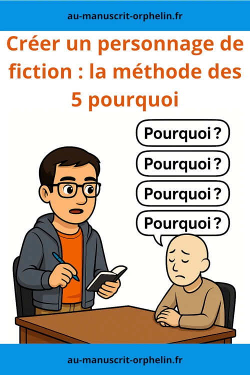 Pour illustrer la méthode des 5 pourquoi dans la création d'un personnage de fiction, l'avatar du bêta-lecteur du Manuscrit Orphelin interroge une personne assise devant un bureau. La question "pourquoi" est répétée de nombreuses fois.