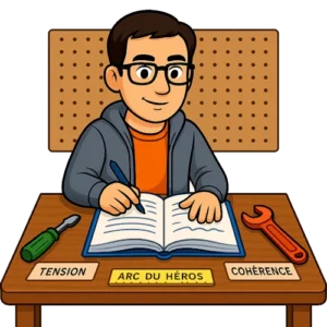 L'avatar du bêta-lecteur du Manuscrit Orphelin est en train d'écrire sur l'importance de la maîtrise des fondamentaux dans l'écriture d'un roman. Sur son bureau, il y a des étiquette comme : l'arc du héros, la tension narrative ou encore la cohérence de l'intrigue.
