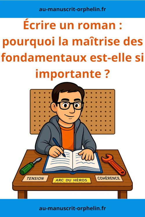 Intitulée " Écrire un roman : pourquoi la maîtrise des fondamentaux est-elle si importante ?', l'illustration montre le bêta-lecteur du Manuscrit Orphelin en train d'écrire un livre. Sur son bureau, trois étiquettes sont collées : tension narrative, arc du héros et cohérence de l'intrigue.