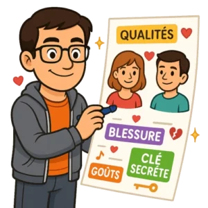 Pour illustrer le fait de créer un personnage de roman d'amour, l'avatar du bêta-lecteur du Manuscrit Orphelin tient entre les main une fiche personnage où il y a un homme et une femme. Sur la fiche sont inscrits les mots : qualité, blessures, goûts.