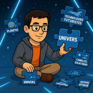 L'avatar du bêta-lecteur du Manuscrit Orphelin est en train de créer un univers de science-fiction avec des pièces de puzzle où sont écrits : planète, univers, technologies futuristes, conflits galactiques.